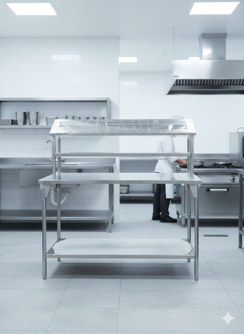 Meson acero inoxidable con repisas auxiliares