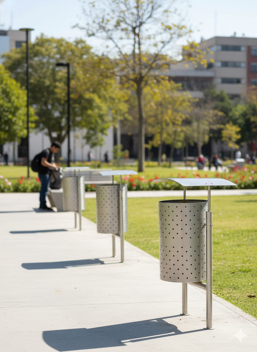 Basurero con techo en acero inoxidable area